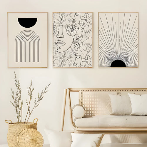 Abstract line design spray-painted on a frameless canvas wall art print in a boho style.
