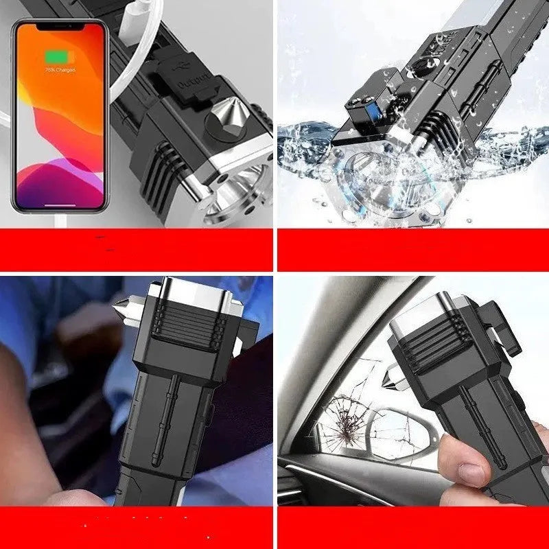 Silver portable power bank with integrated LED flashlight for emergency and outdoor use.
