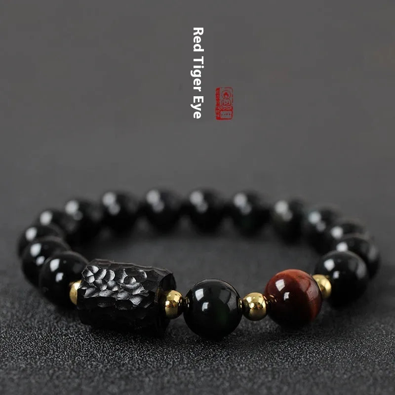 Obsidian and tiger eye bracelet with 10mm beads and circle design