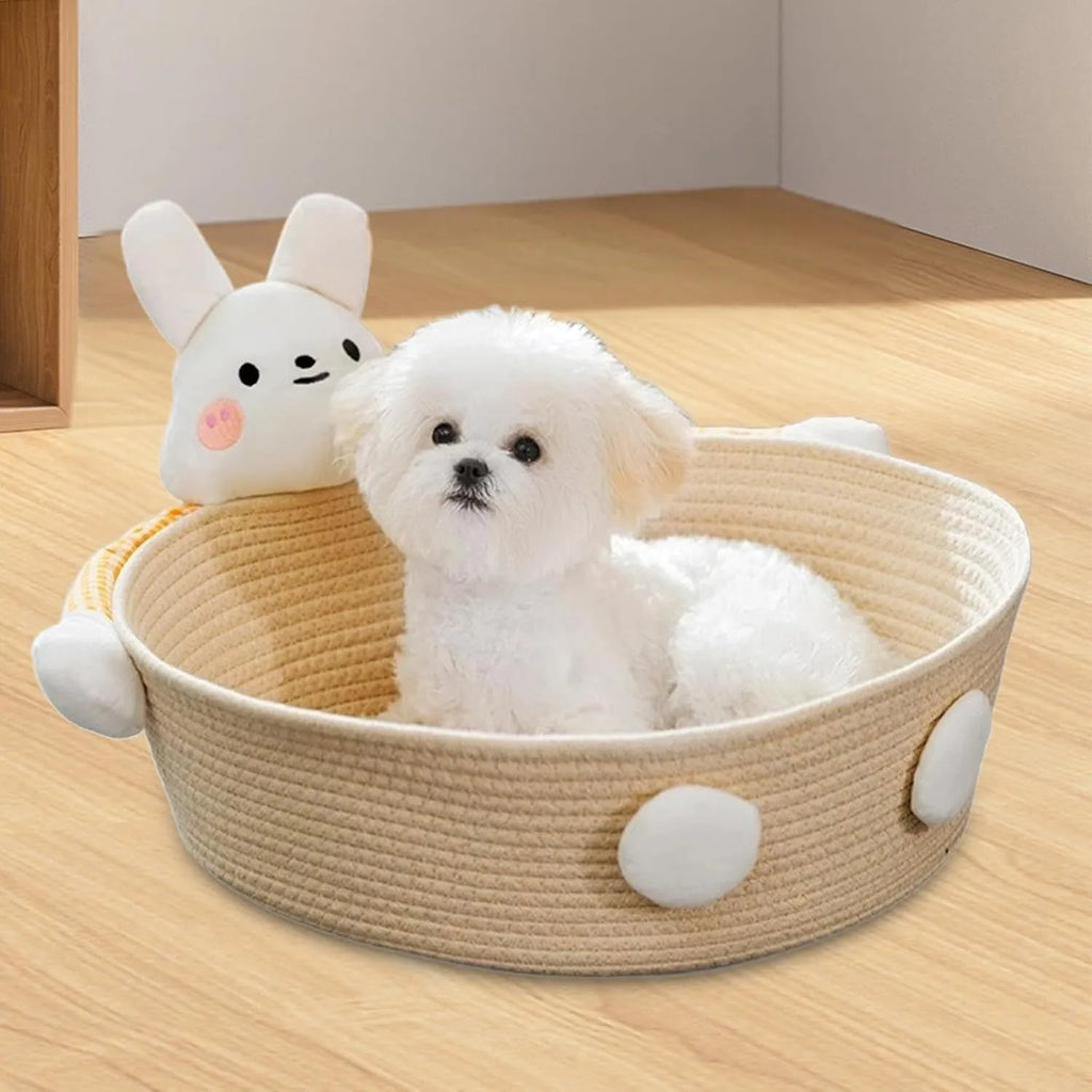 Woven cotton rope cat bed with scratching board in bear design, showing basket shape with textured surface