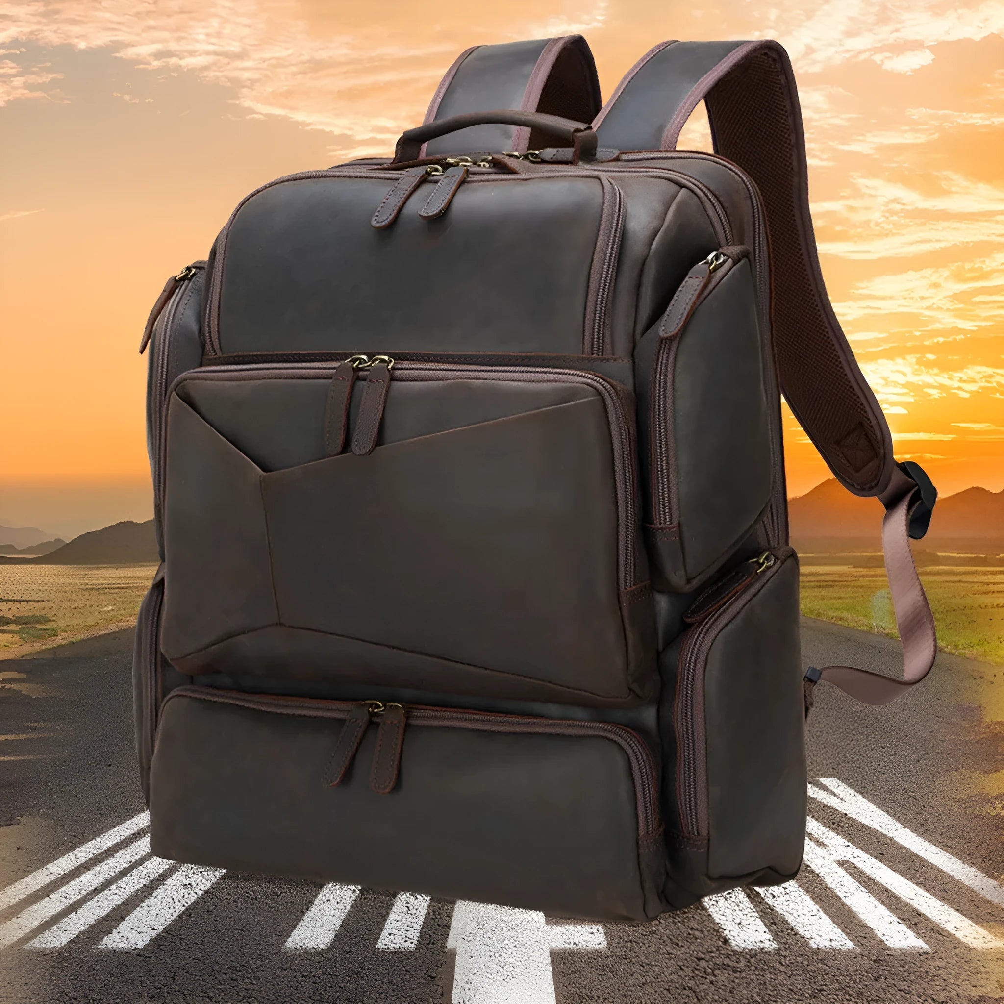 Dark brown genuine leather backpack for men showing embossed texture, double straps, and open compartments.