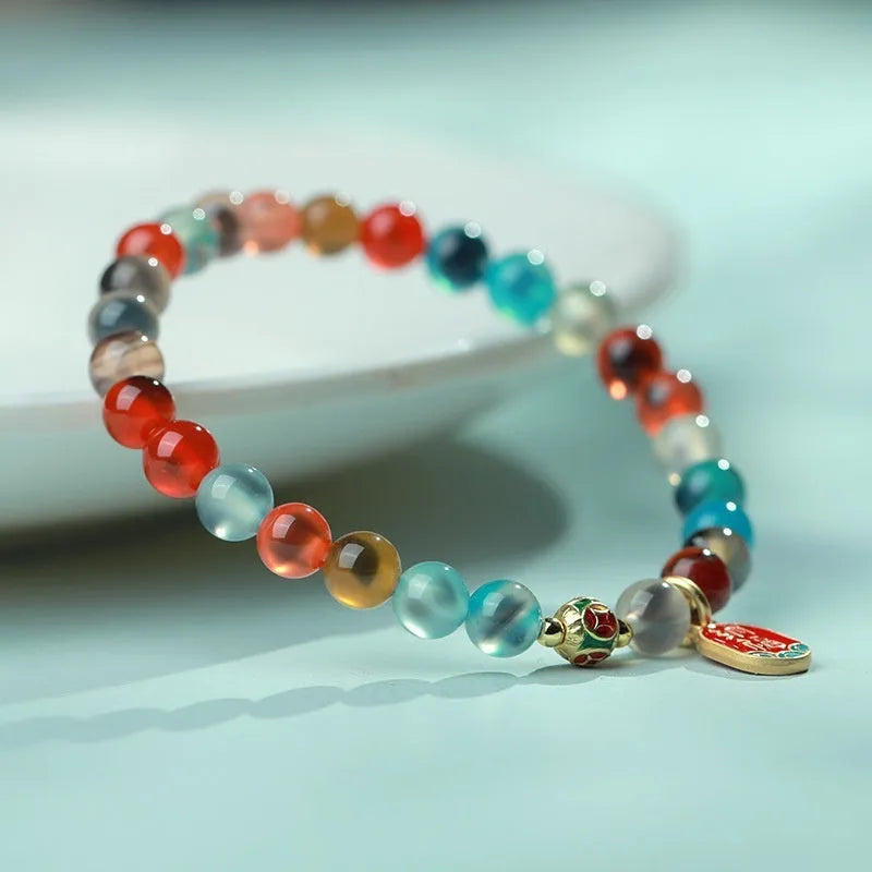 Women's natural agate bracelet with colourful sugar heart glaze and copper coin snake chain in symbolic designs