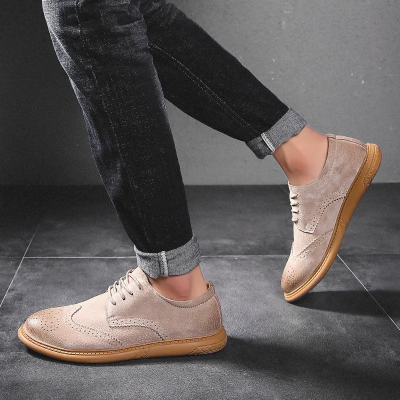 Men's genuine leather low-top business shoes in black with retro lace-up design and a rubber sole.