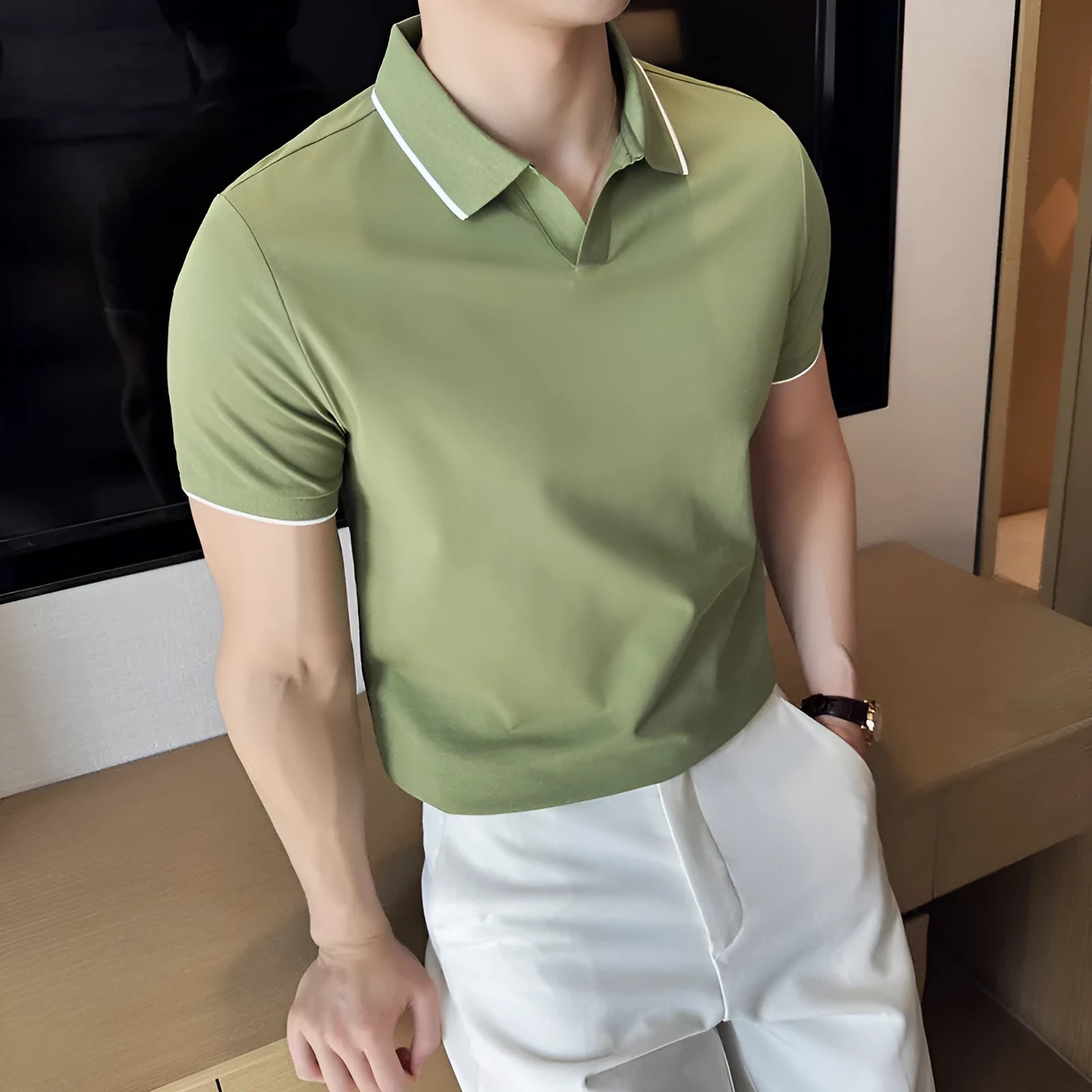Men's short sleeve polo shirt with lapel collar in cotton blend fabric