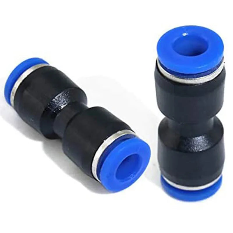 Blue pneumatic quick connector for straight through PU tubing connections in multiple sizes