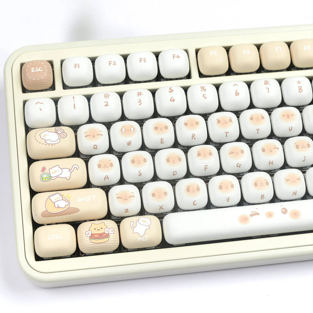 PBT mechanical keyboard keycap set showing 7u march past steamed bread and cat design.