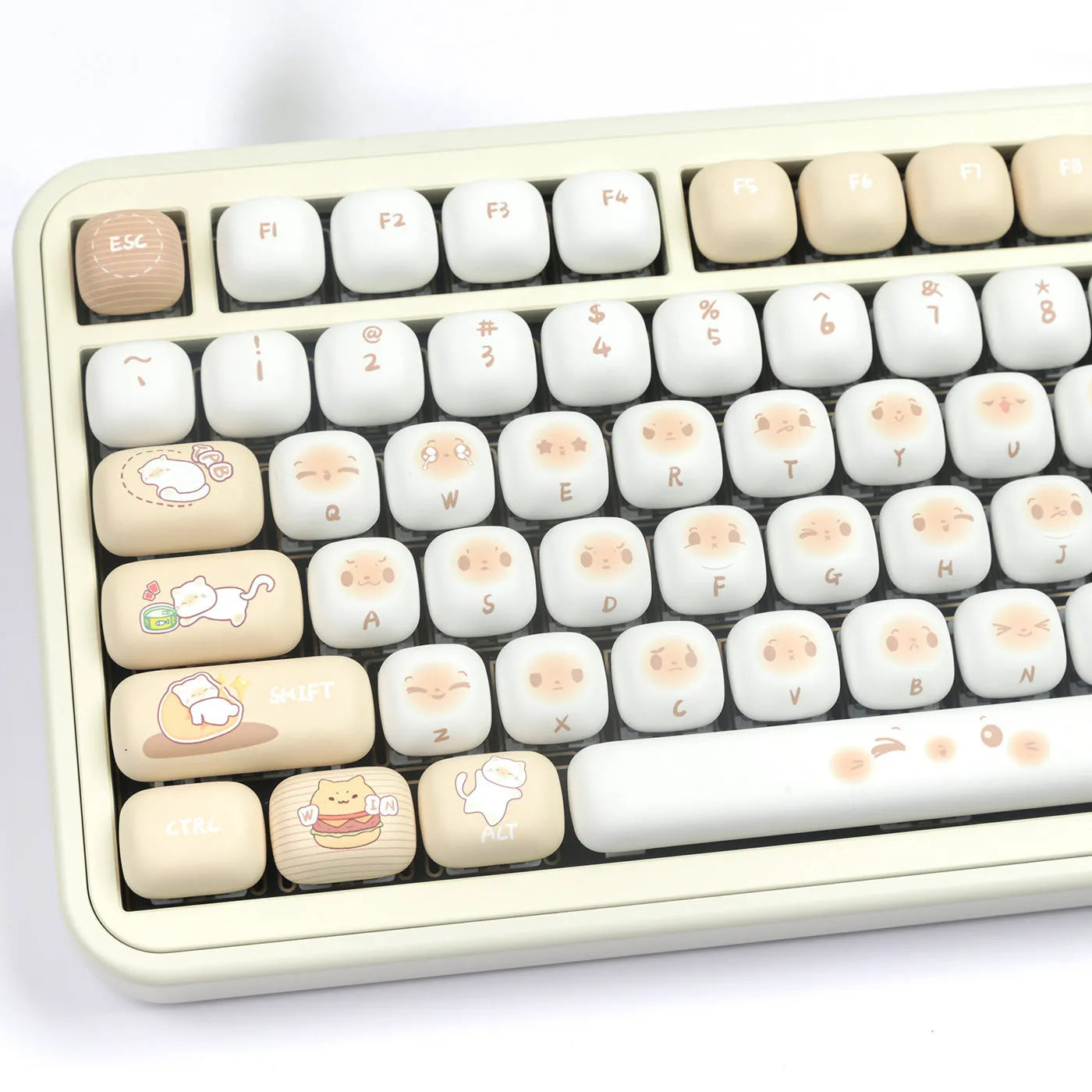 PBT mechanical keyboard keycap set showing 7u march past steamed bread and cat design.