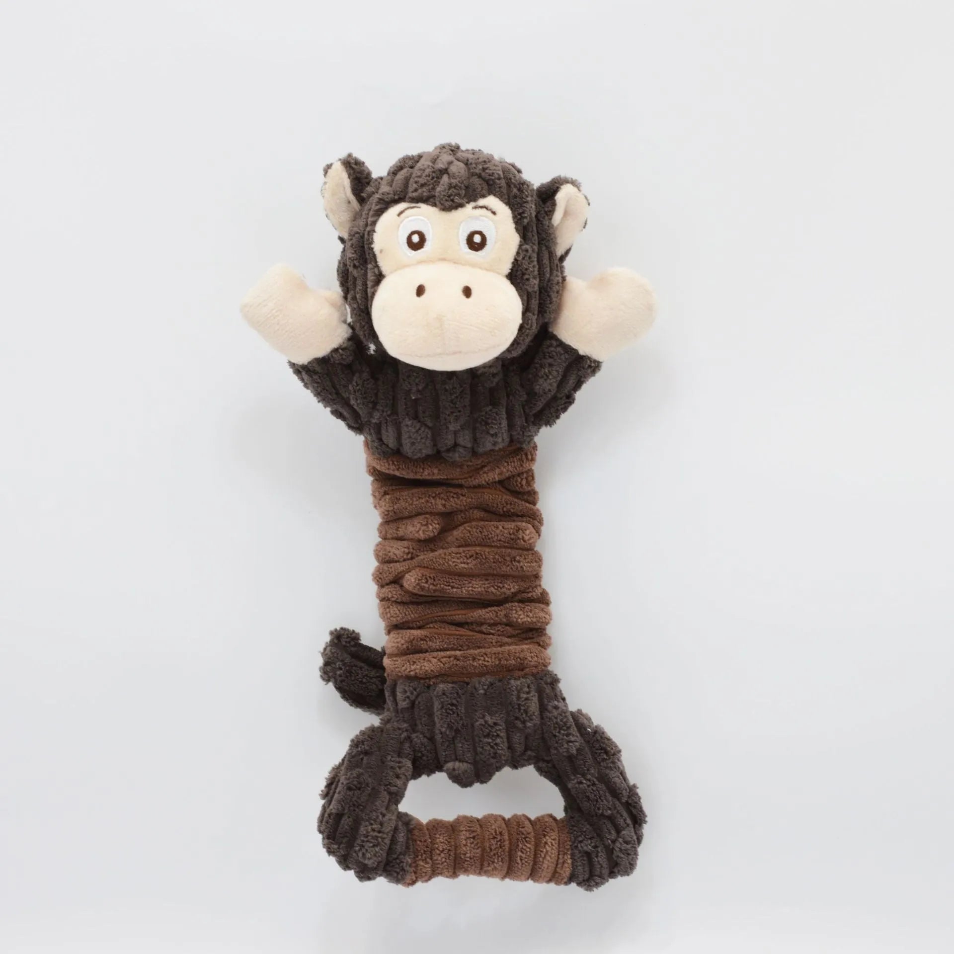 Large plush squeaky dog toy with a handle, shown in Hippo and Monkey designs on a plain background.