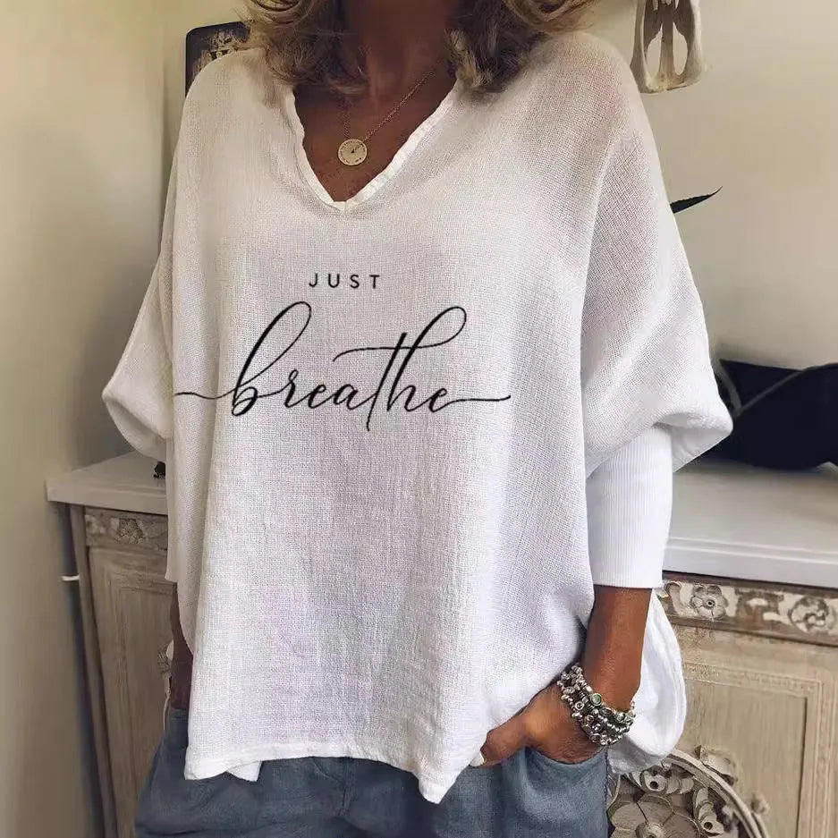 Women's V-neck long sleeve loose top in brushed milk silk fabric with digital printed pattern