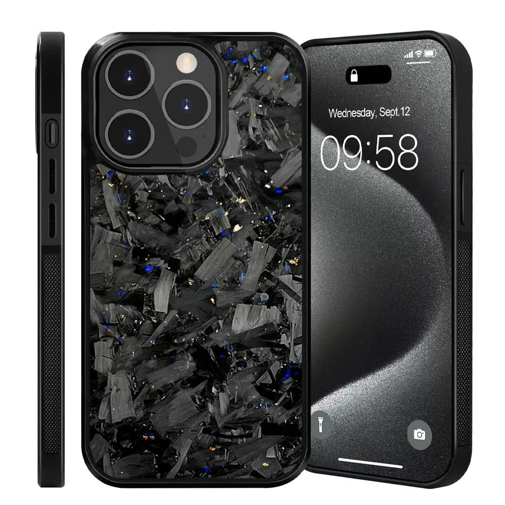 Carbon fibre anti drop phone case in blue gold splicing colour for iPhone models showing back design with precise cutouts