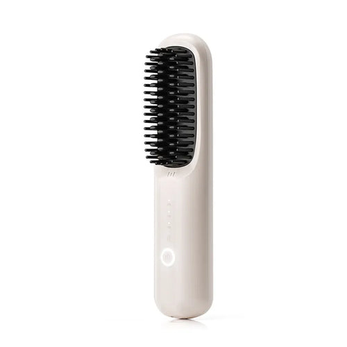 Wireless anion hair straightening comb in beige, showing comb shape and ceramic plates.