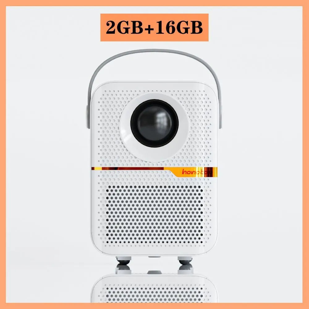 Black portable Android projector displaying 720p HD content with UK plug specification