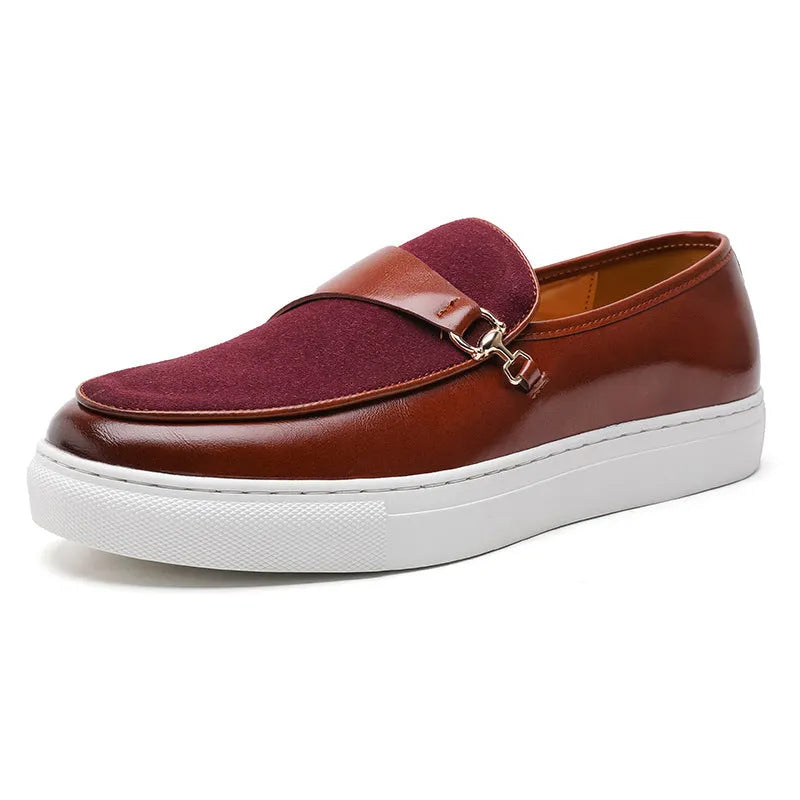 Men's black faux leather slip-on loafers featuring a gold horsebit buckle and a round toe.