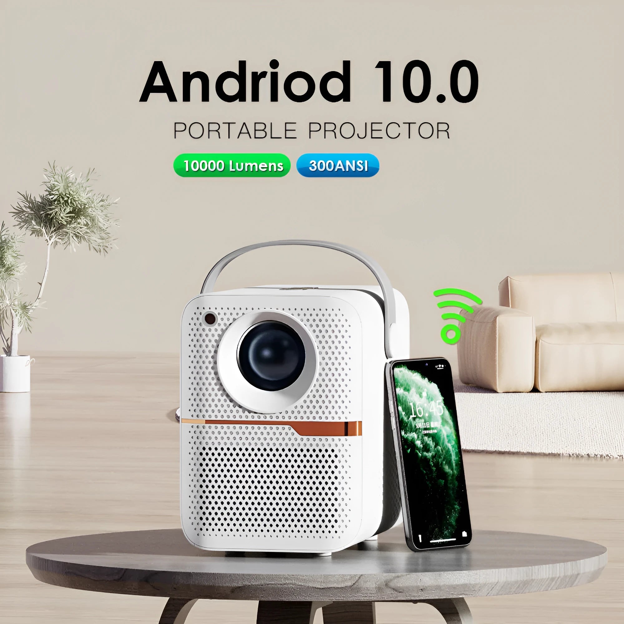 Black portable Android projector displaying 720p HD content with UK plug specification