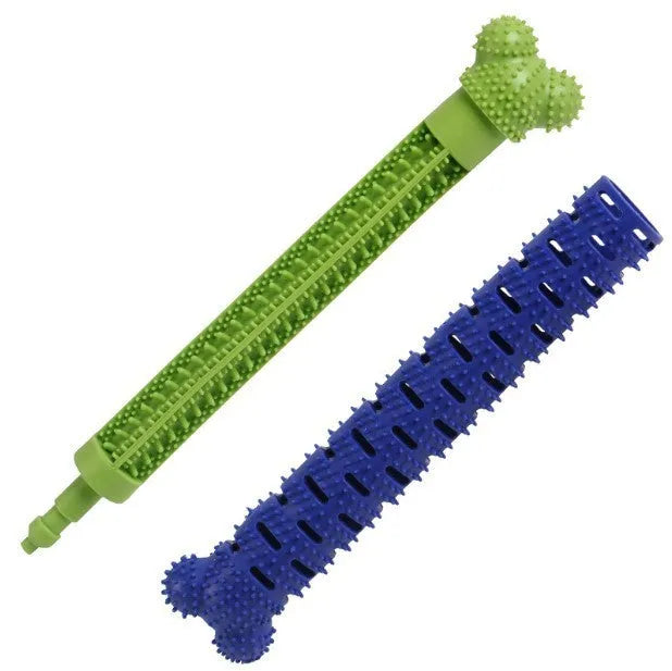 Blue silicone dog chew toy with textured brush head design for dental cleaning.