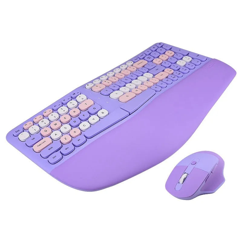 Ergonomic wireless keyboard and mouse set with wrist splint, waterproof veneer finish, shown in mixed colour options