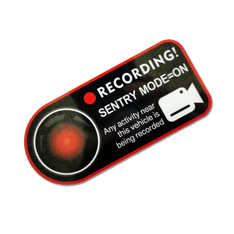 Tesla Sentry Mode warning stickers with electrostatic PVC construction measuring 11x5 cm