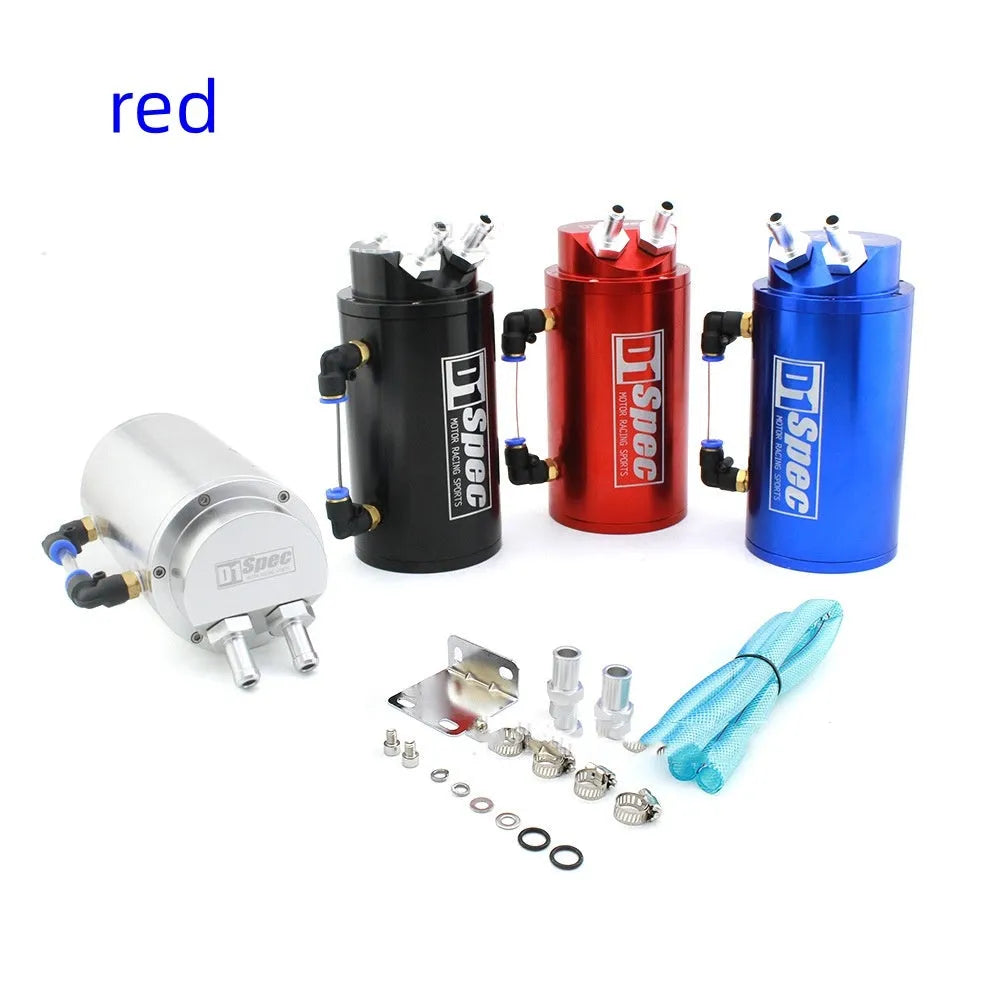 Car modification oil catch tank in choice of black, blue, red, or silver colour with square or round design