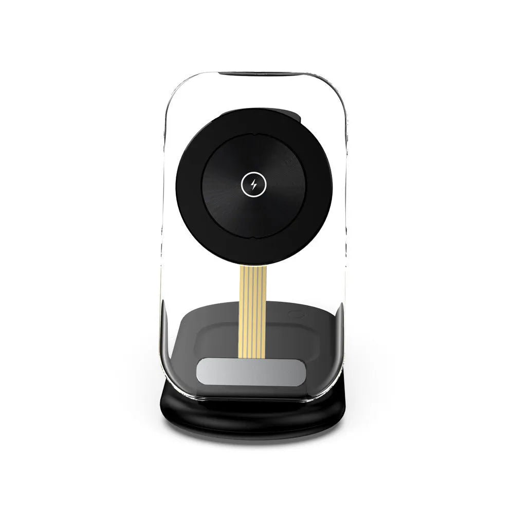 Transparent folding magnetic wireless charger in black showing its compact folded size.