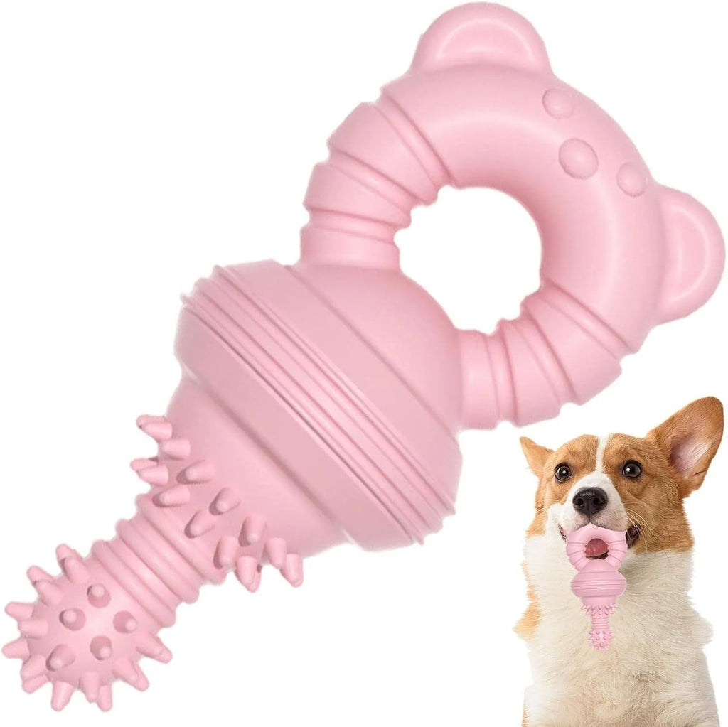 Blue rubber dog chew toy with concave-convex texture and a bell, for aggressive chewers and teeth cleaning.