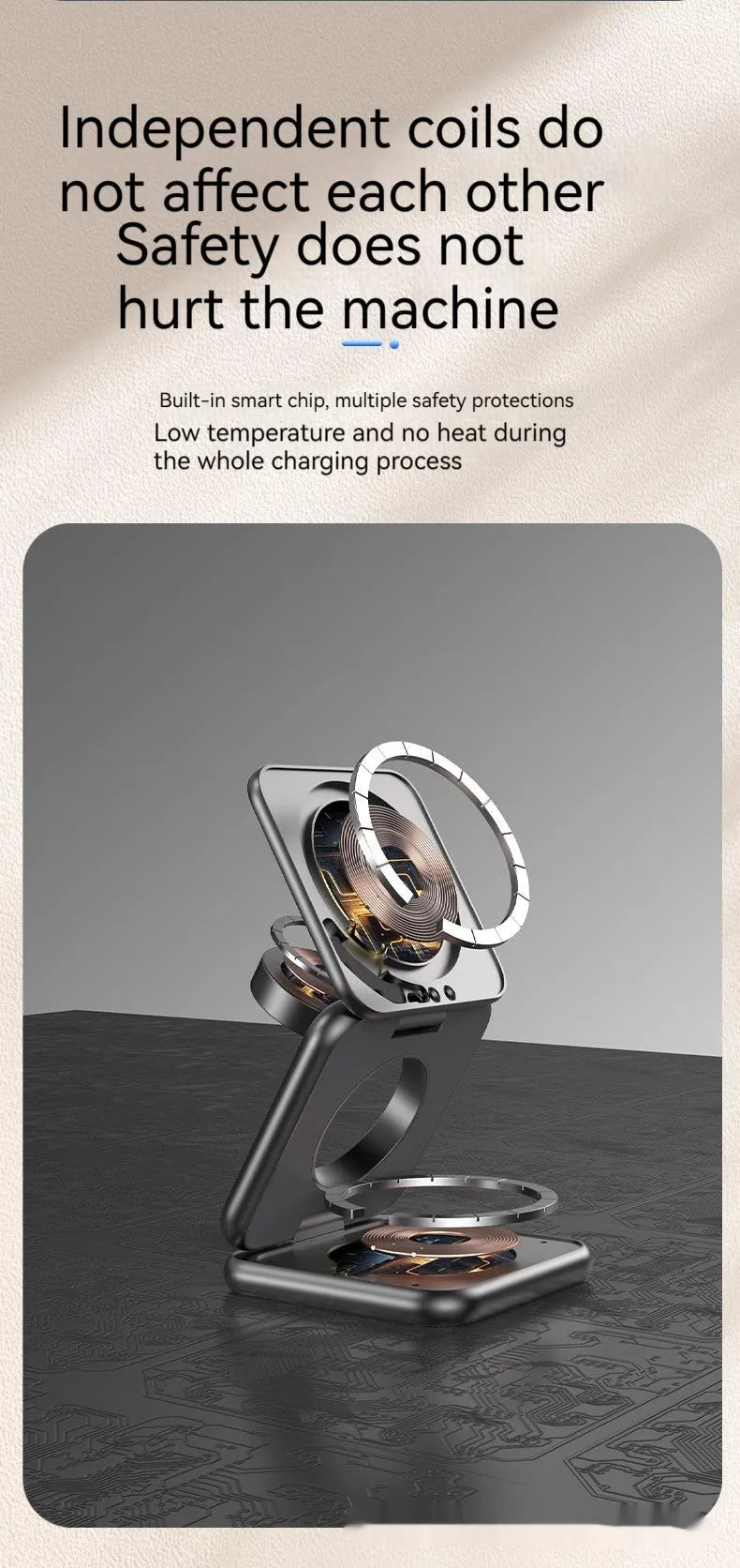 Black foldable magnetic wireless phone charging holder showing stand and compact size.