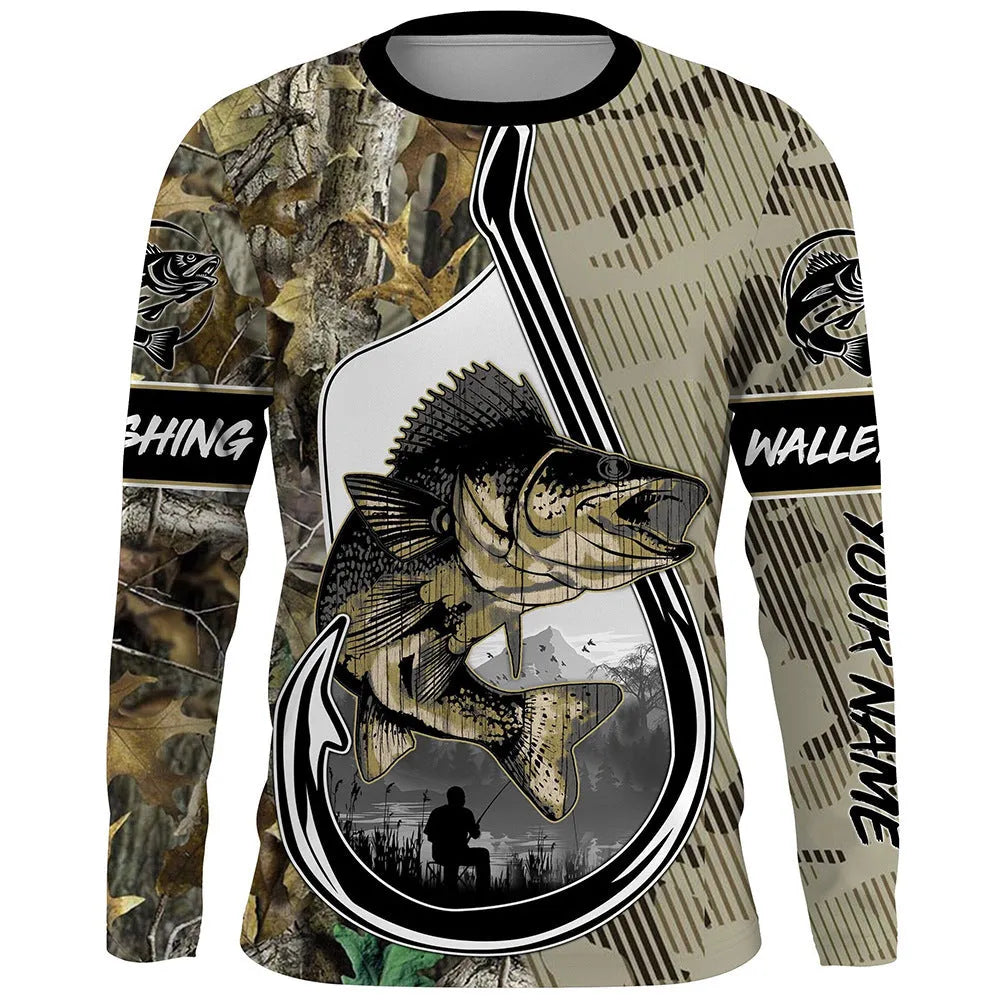 Men's fish printed long-sleeved pullover top in milk silk polyester fabric showing round neck design