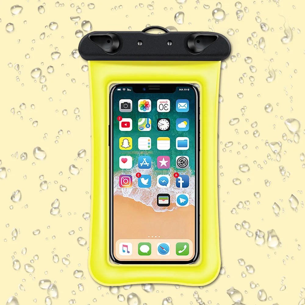 Clear double airbag waterproof phone pouch with orange lanyard on a blue background.