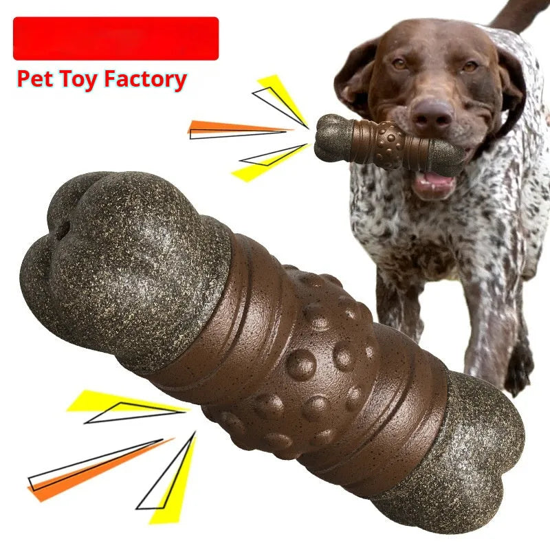 Wood colour plastic sounding bone dog toothbrush and chew toy for dental care.