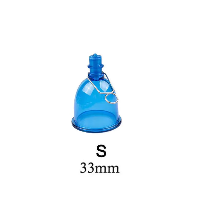 Blue silicone male masturbator adult toy shown in small, medium, and large size options.