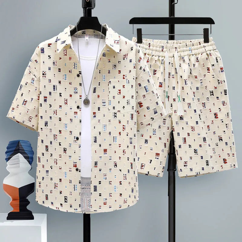 Men's casual sports shorts two-piece set in polyester, showing short sleeve top and matching shorts.