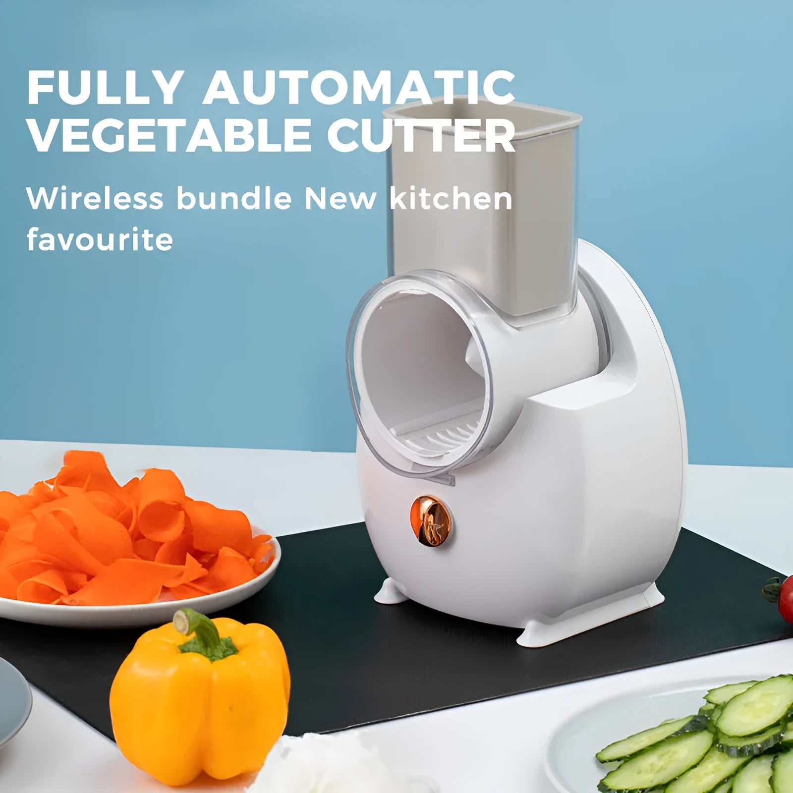 White electric vegetable slicer with rotary grater and suction base on a kitchen counter.