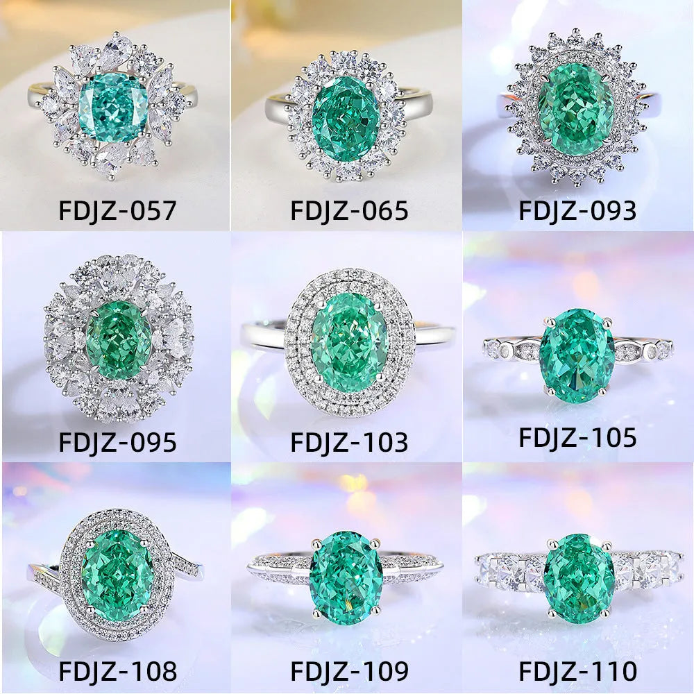 S925 sterling silver women's ring with emerald and high carbon diamond inlay in geometric oval shape.