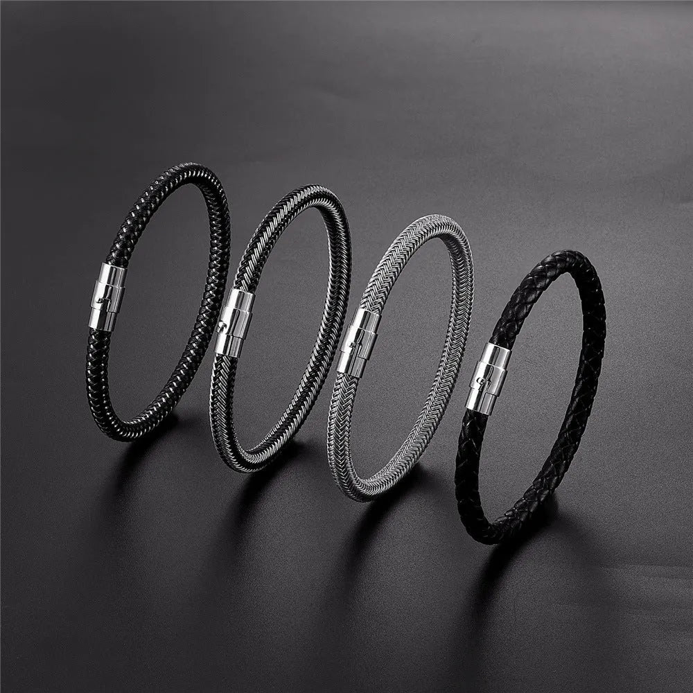 Geometric titanium steel wire bracelet with hidden magnetic clasp on a wrist, showing matte grey finish.