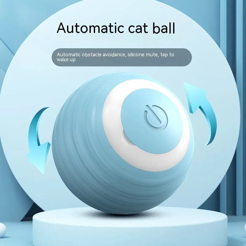 Blue rechargeable automatic bouncing ball smart toy for indoor cats on a floor.