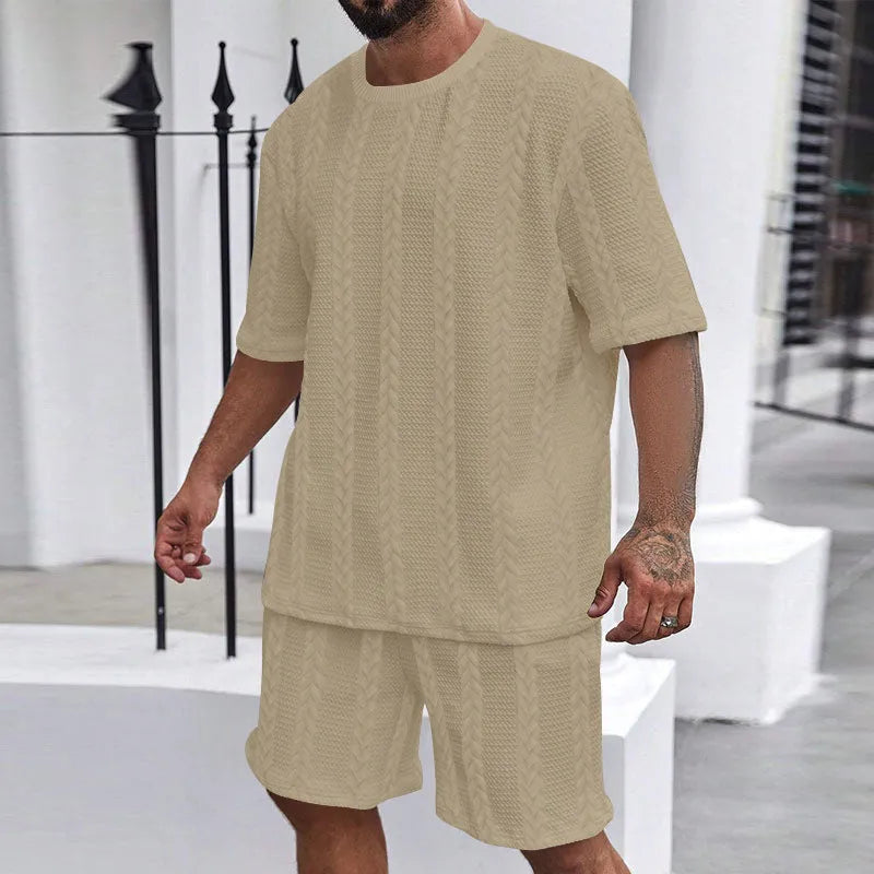 Knitted polyester summer pullover and shorts set in solid colour with Jacquard textured pattern