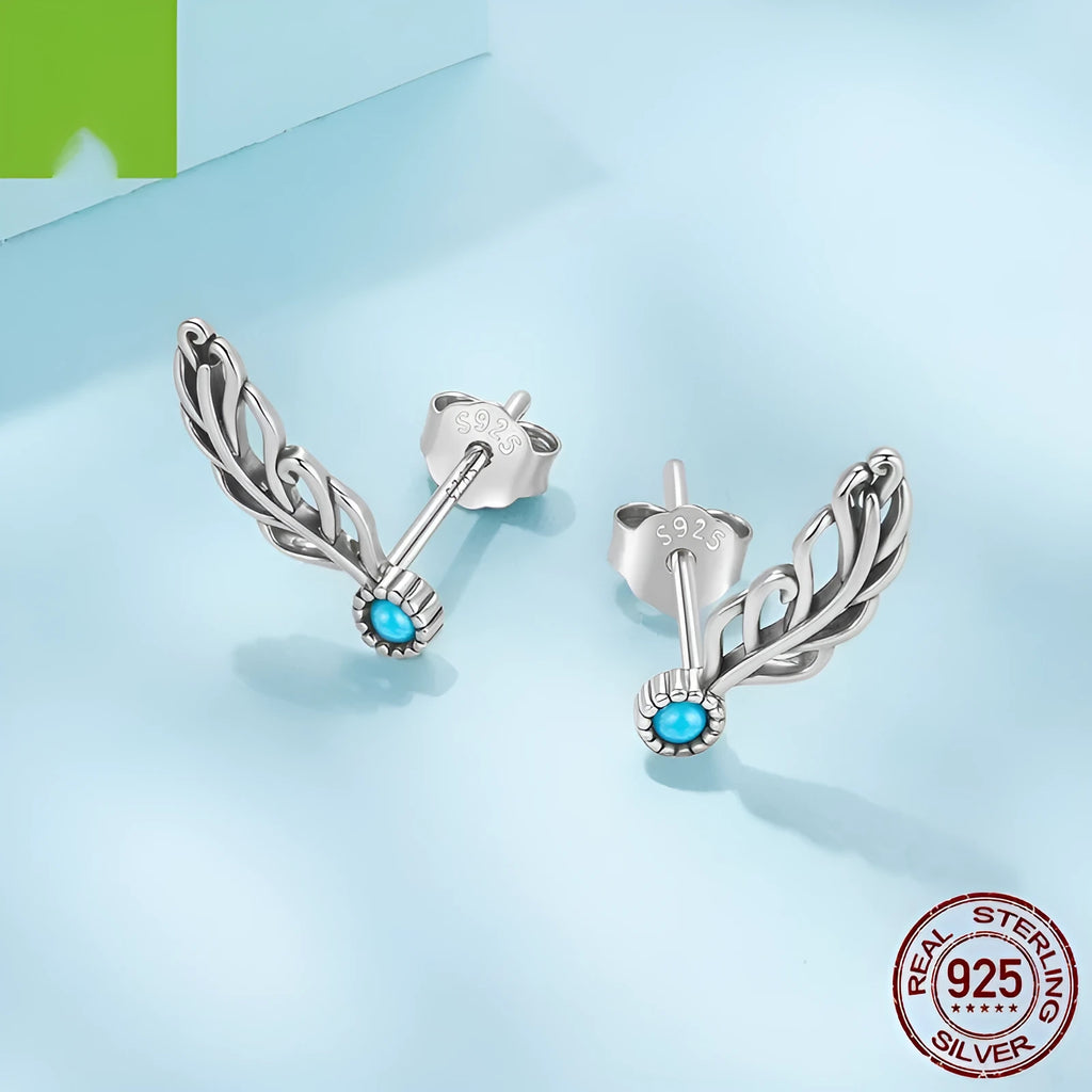 Silver coloured feather stud earrings with genuine turquoise inlay, Chinese style, SCE1896 colour