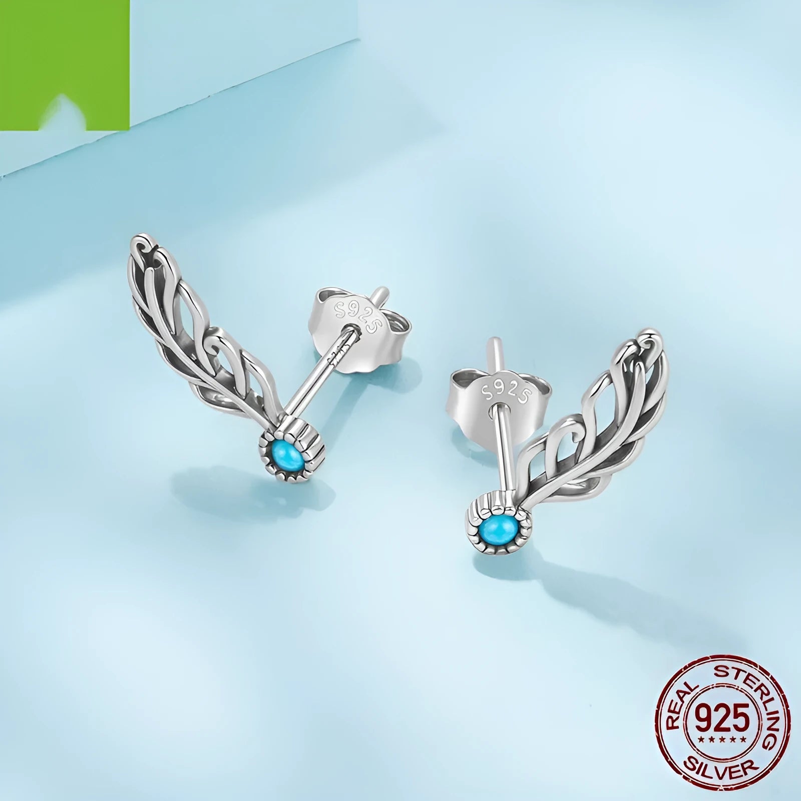 Silver coloured feather stud earrings with genuine turquoise inlay, Chinese style, SCE1896 colour