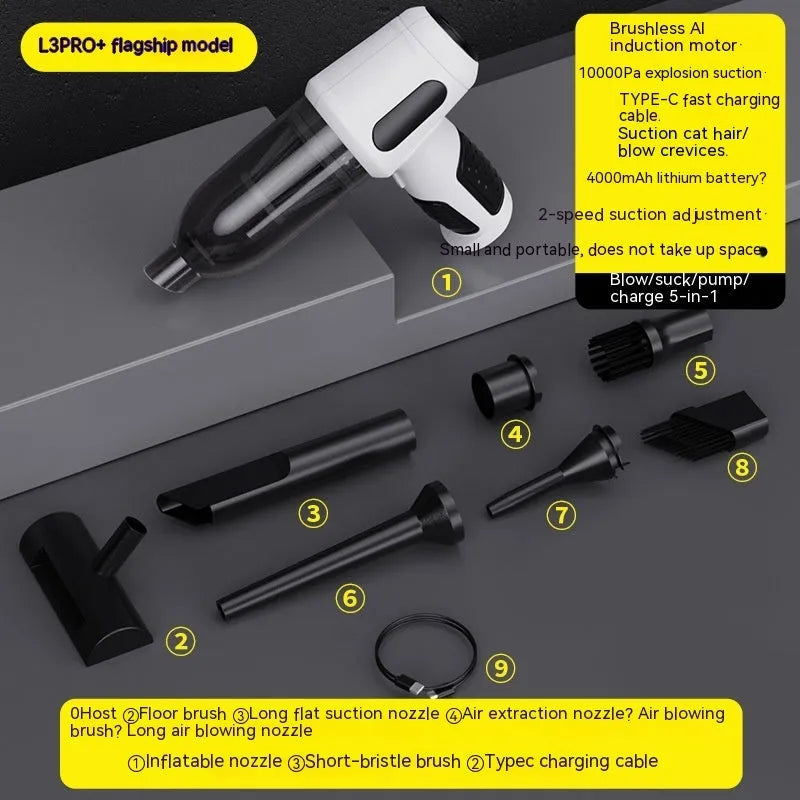 Handheld car vacuum cleaner with nozzle attachments in black, white, or grey colours