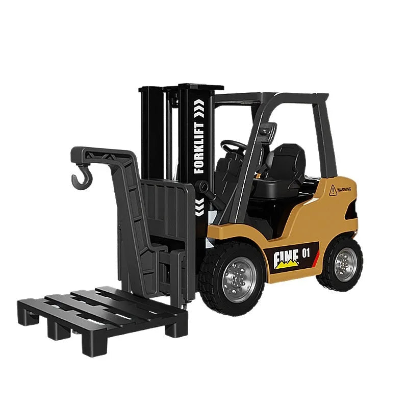1:64 scale silver alloy remote control forklift model with accessories on a tabletop obstacle course.