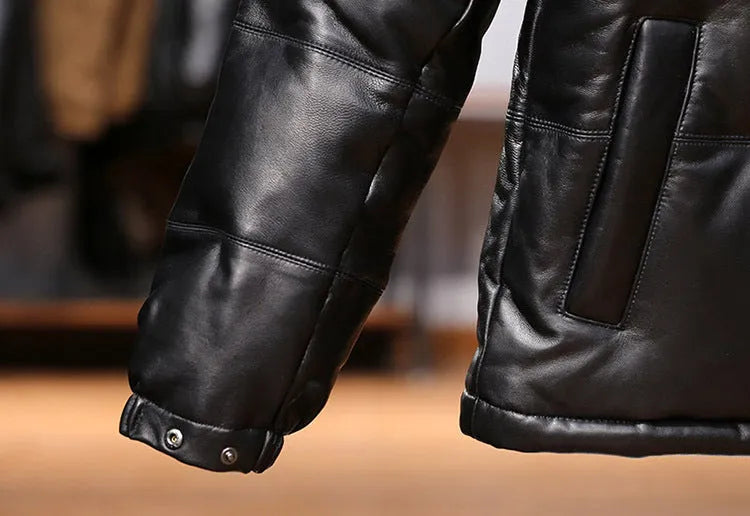 Men's black stand collar sheepskin down leather jacket with pocket decoration and white duck down filling