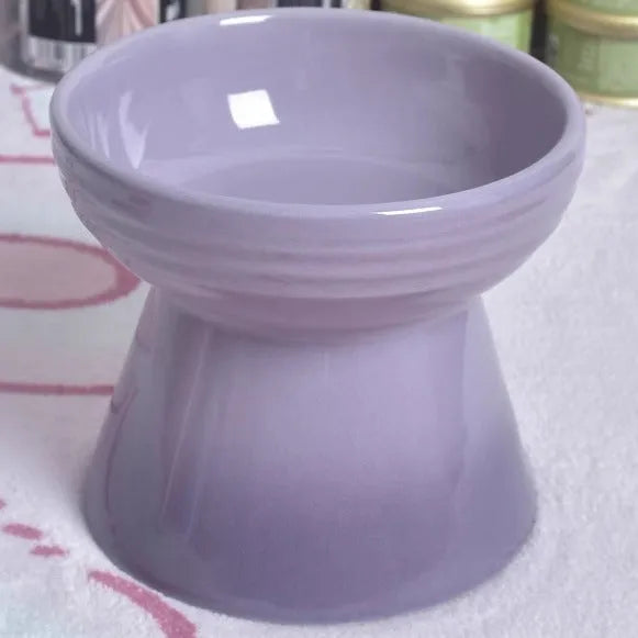 White ceramic pet bowl with a high foot neck and slanted rim for cat or dog feeding