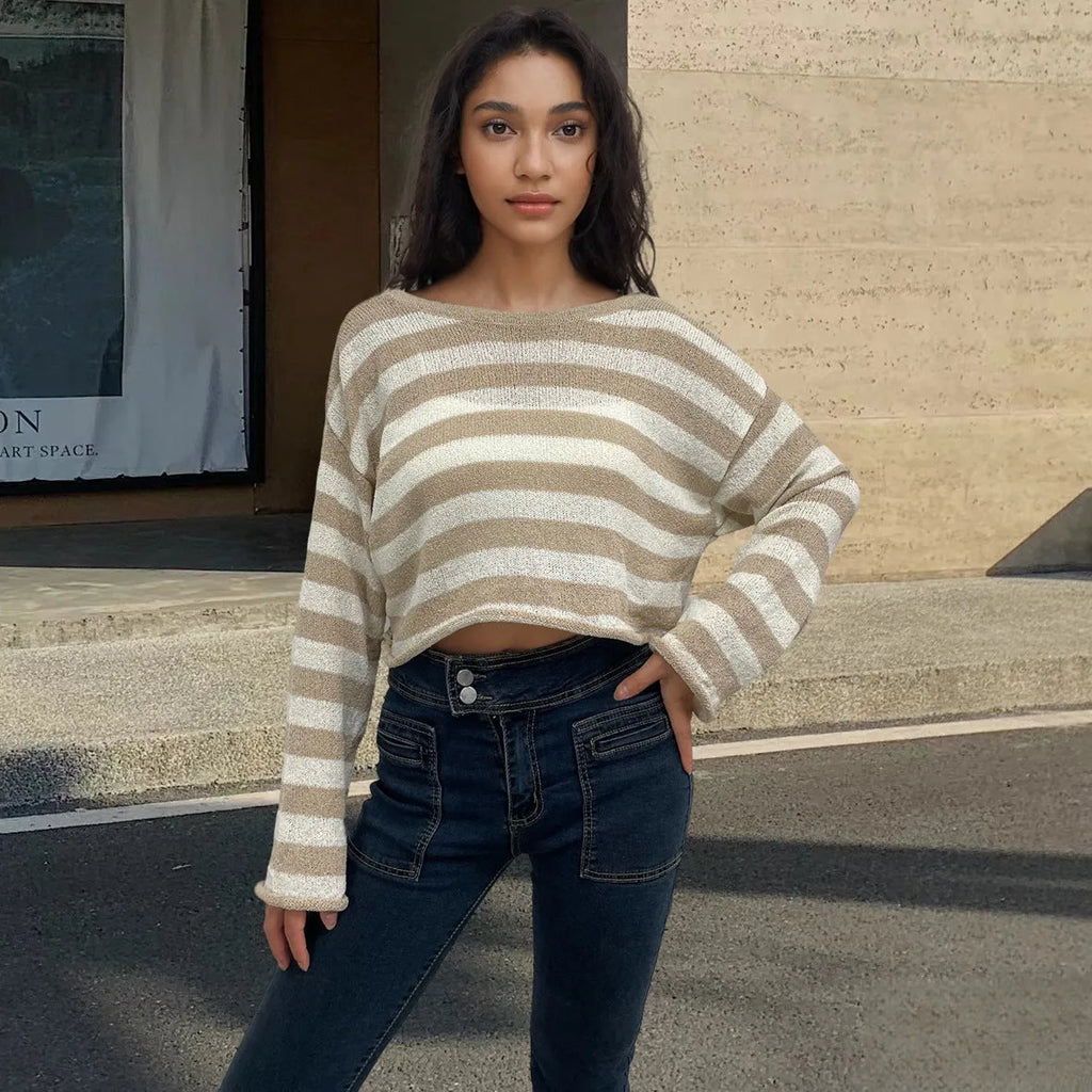 A striped long-sleeved pullover sweater in mercerised cotton, shown in one of five available colours.