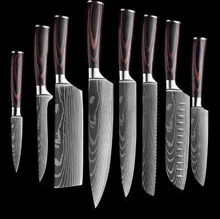 Chef knife with laser Damascus patterned blade and colour steel handle, length 30cm