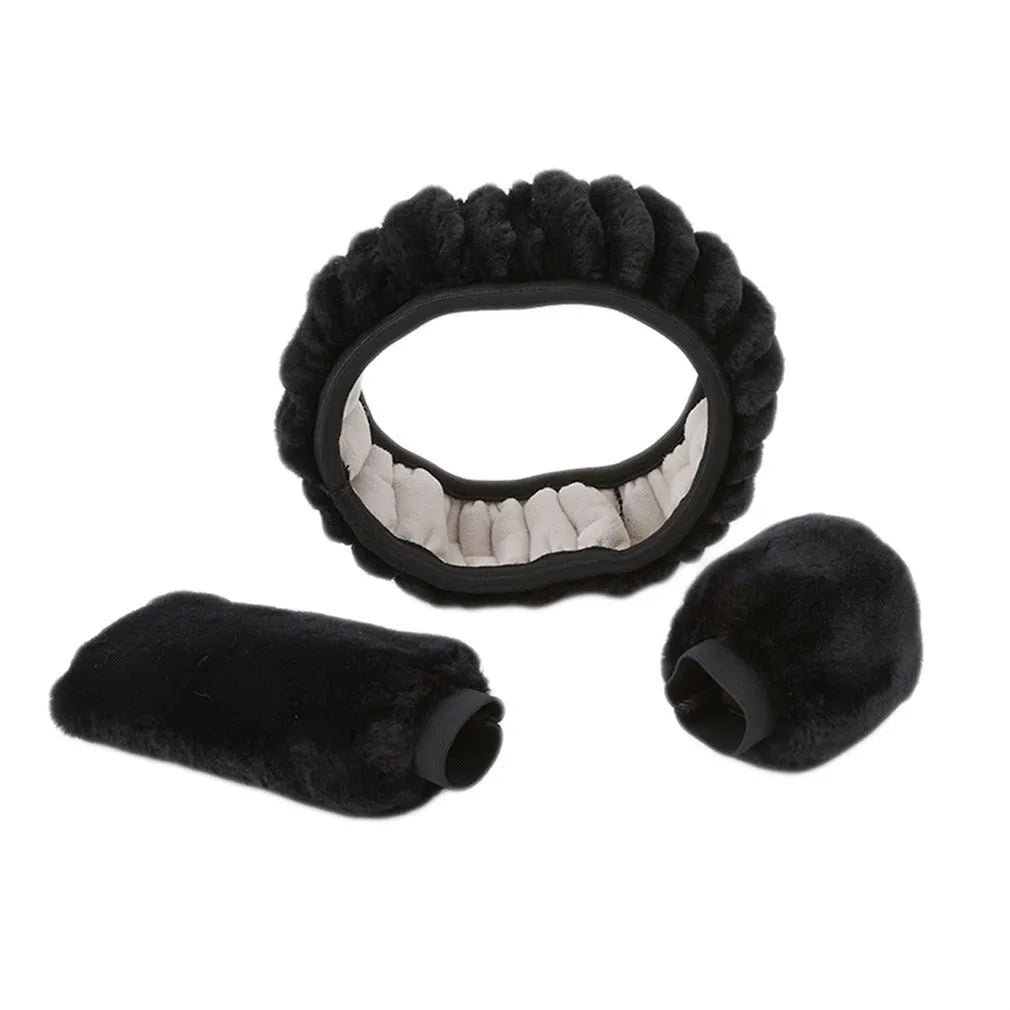 Plush car steering wheel cover set with brake handle and gear shift covers in six colour options.