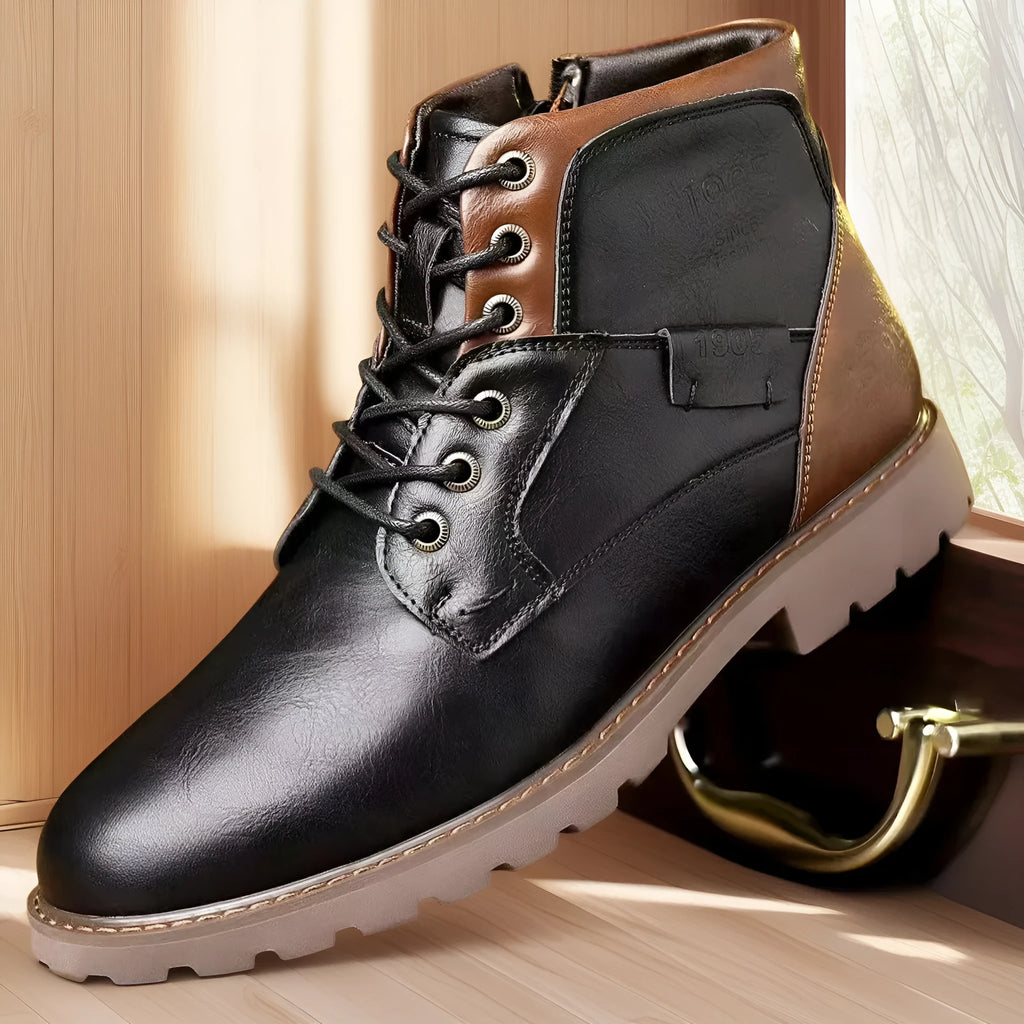 Men's brown side-zip Martin ankle boots with a round toe and rubber sole.