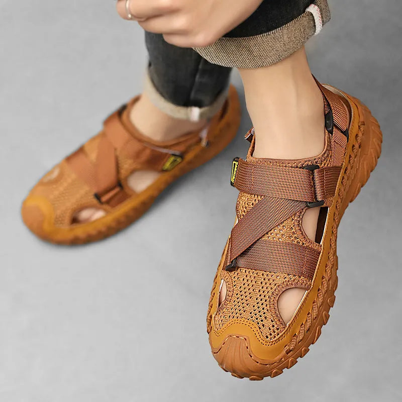 Men's casual leather sandals with mesh lining in grey, wheat, or milk tea colour on a rubber sole
