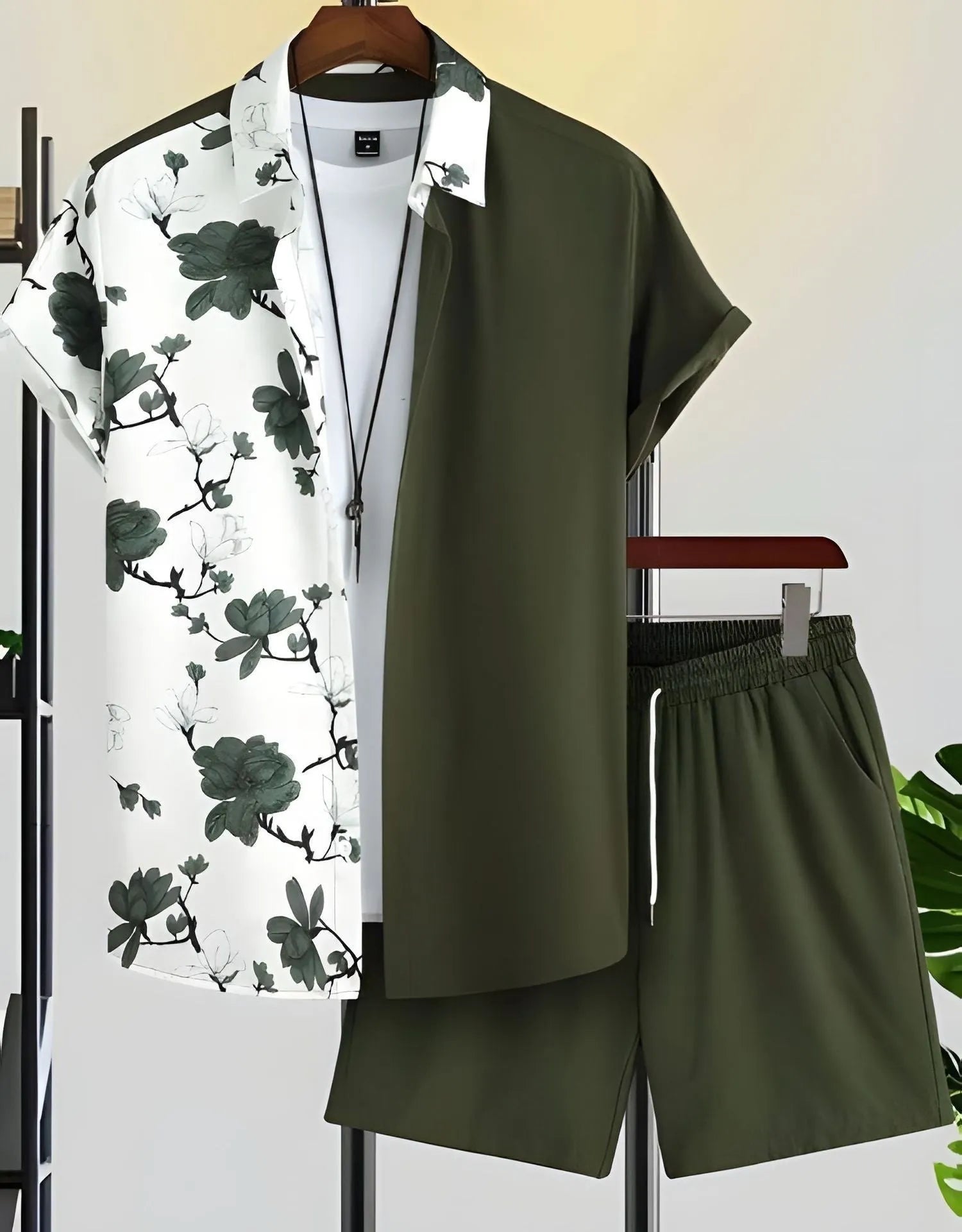 Men's beach shirt suit with short sleeves and matching shorts in polyester fabric