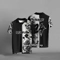 Black loose-fit short sleeve T-shirt on a hanger, plain front for 3D digital printing.