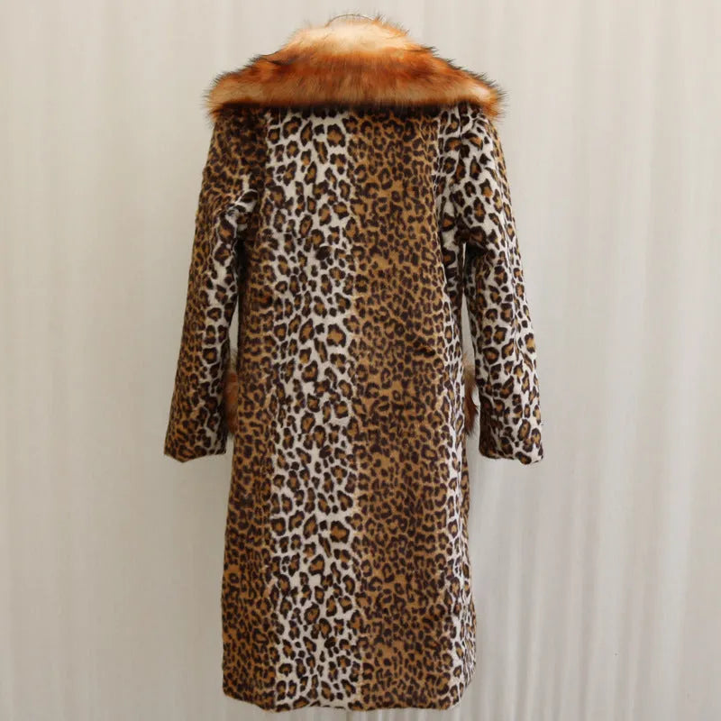 Leopard print long artificial fur jacket for women on a hanger, showing full 80cm length.