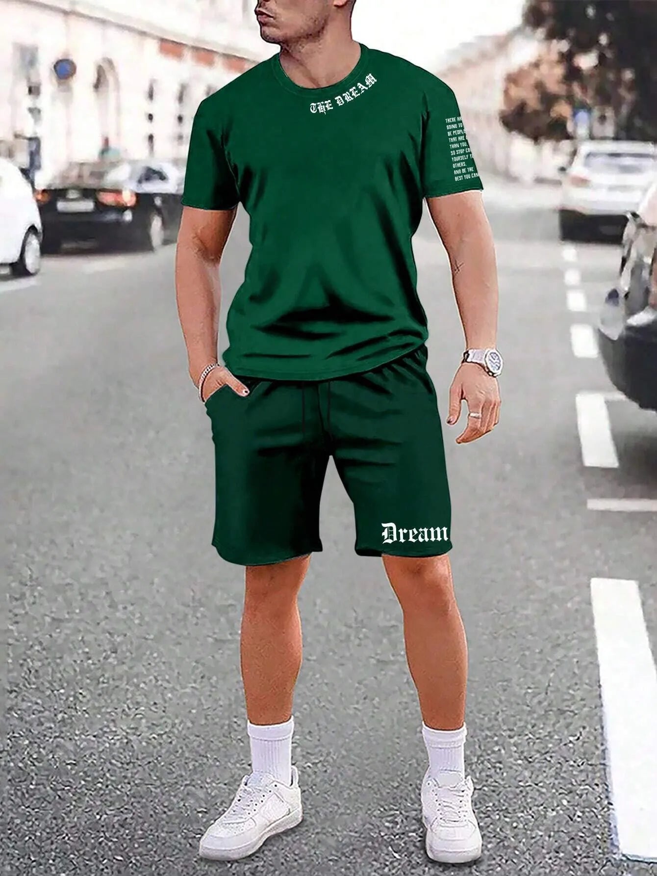 Men's blue sports style short-sleeved top and matching shorts two-piece casual suit set